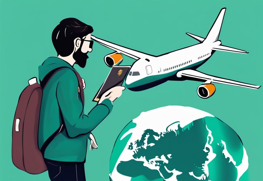 Ilustración digital moderna de un viajero con pasaporte y boleto de avión de España a Irlanda, con tema de color principal en tonos de teal.