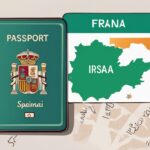 Ilustración digital moderna con tema en color teal que muestra un pasaporte español, un sello de visa irlandesa y un mapa resaltando España e Irlanda, ideal para el tema visa para Irlanda desde España.