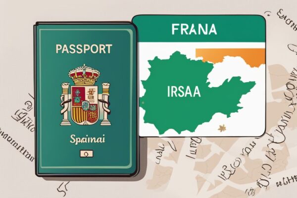 Ilustración digital moderna con tema en color teal que muestra un pasaporte español, un sello de visa irlandesa y un mapa resaltando España e Irlanda, ideal para el tema visa para Irlanda desde España.