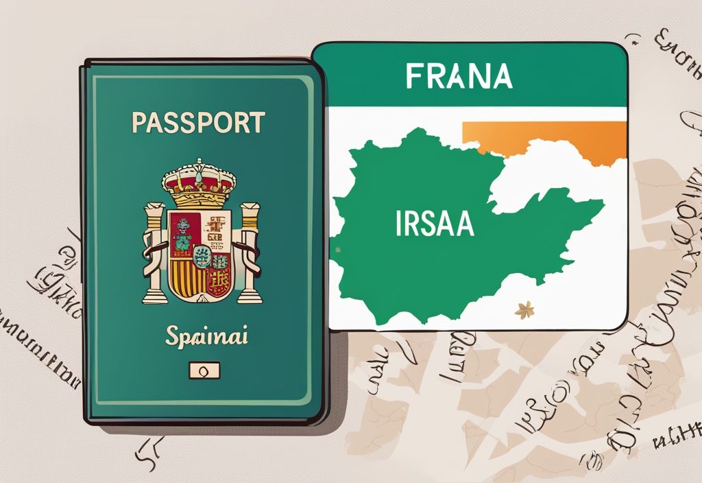 Ilustración digital moderna con tema en color teal que muestra un pasaporte español, un sello de visa irlandesa y un mapa resaltando España e Irlanda, ideal para el tema visa para Irlanda desde España.