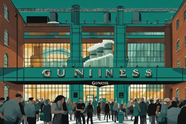 Ilustración digital moderna de la fábrica Guinness Dublín, con tema de color principal en tonos teal, mostrando visitantes disfrutando de un tour y degustando una pinta de stout.