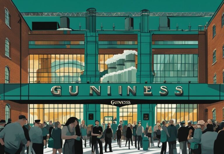 Ilustración digital moderna de la fábrica Guinness Dublín, con tema de color principal en tonos teal, mostrando visitantes disfrutando de un tour y degustando una pinta de stout.