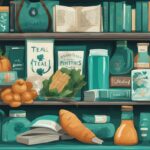 Ilustración digital moderna en color teal que muestra qué es barato en Irlanda, incluyendo productos locales, libros de segunda mano y comidas económicas en pubs.