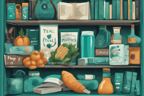 Ilustración digital moderna en color teal que muestra qué es barato en Irlanda, incluyendo productos locales, libros de segunda mano y comidas económicas en pubs.