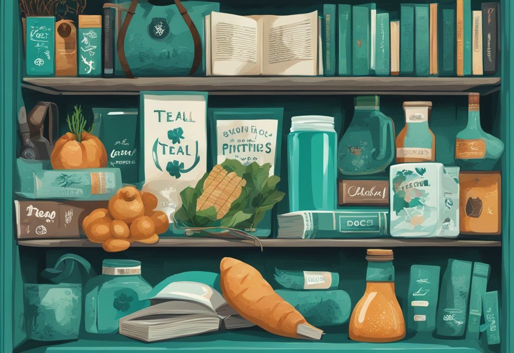 Ilustración digital moderna en color teal que muestra qué es barato en Irlanda, incluyendo productos locales, libros de segunda mano y comidas económicas en pubs.