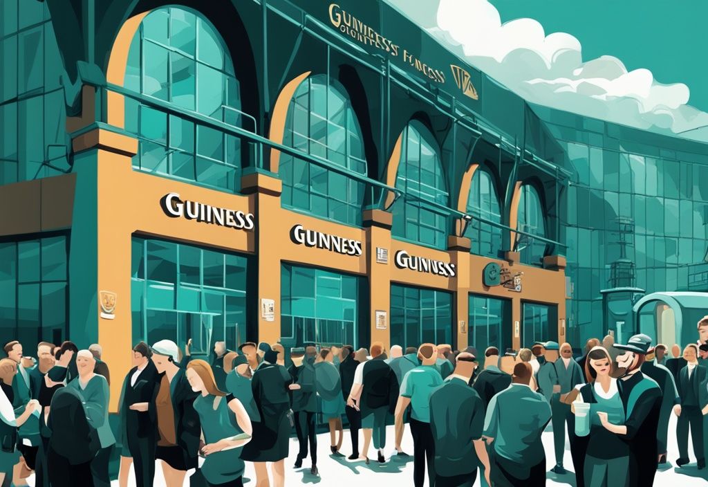 Ilustración digital moderna en tonos de color teal mostrando una escena animada en la fábrica Guinness Dublín, con visitantes recorriendo la instalación y disfrutando de una pinta de la famosa cerveza negra.