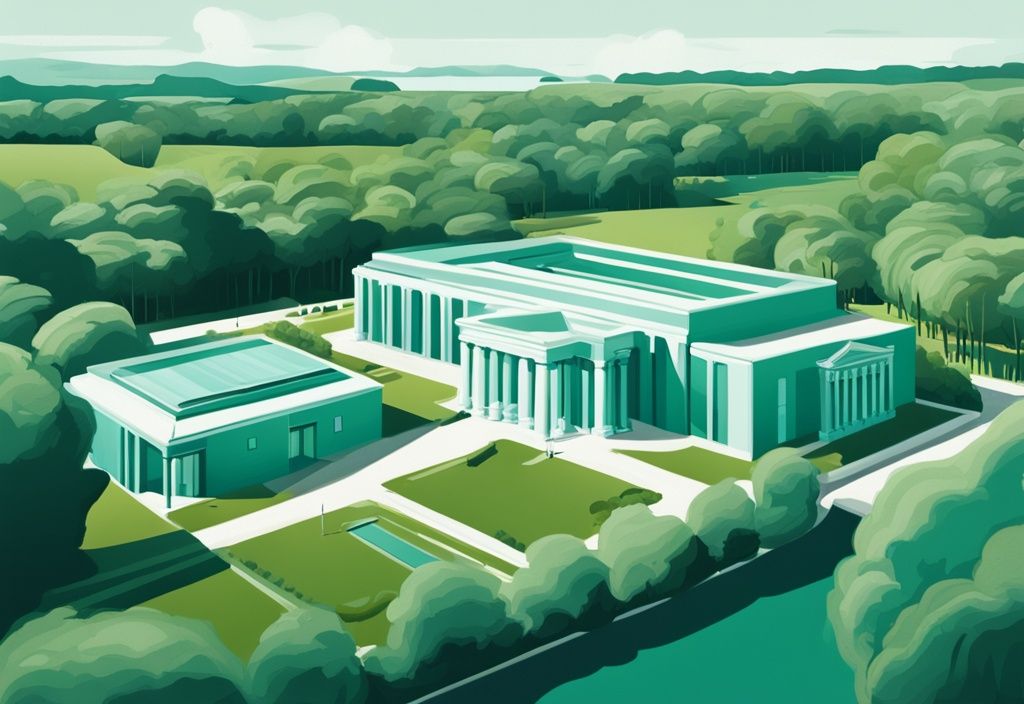 Vista aérea del Museo Irlandés de Arte Moderno con arquitectura histórica e instalaciones de arte moderno, rodeado de exuberante vegetación, ilustración digital en tonos de color teal.