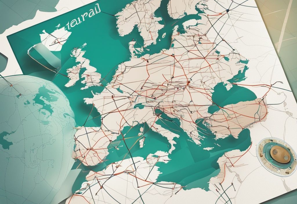 Ilustración digital moderna en tonos de color teal mostrando un pasaporte sobre un mapa de Europa con una ruta de vuelo desde España a Irlanda; hace falta pasaporte para ir a Irlanda desde España.