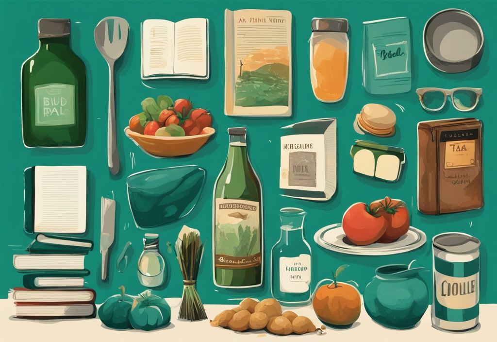 Ilustración digital moderna en tonos de color teal que muestra qué es barato en Irlanda, incluyendo productos locales, libros de segunda mano y comidas económicas en pubs.