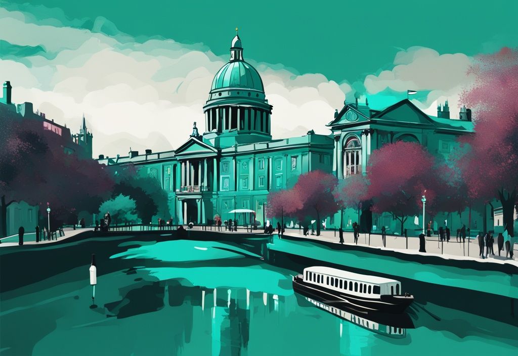 Ilustración digital moderna de Dublín con tonos de color verde azulado, mostrando el Castillo de Dublín, el distrito de Temple Bar y el parque St. Stephen's Green en un recorrido de 3 días.