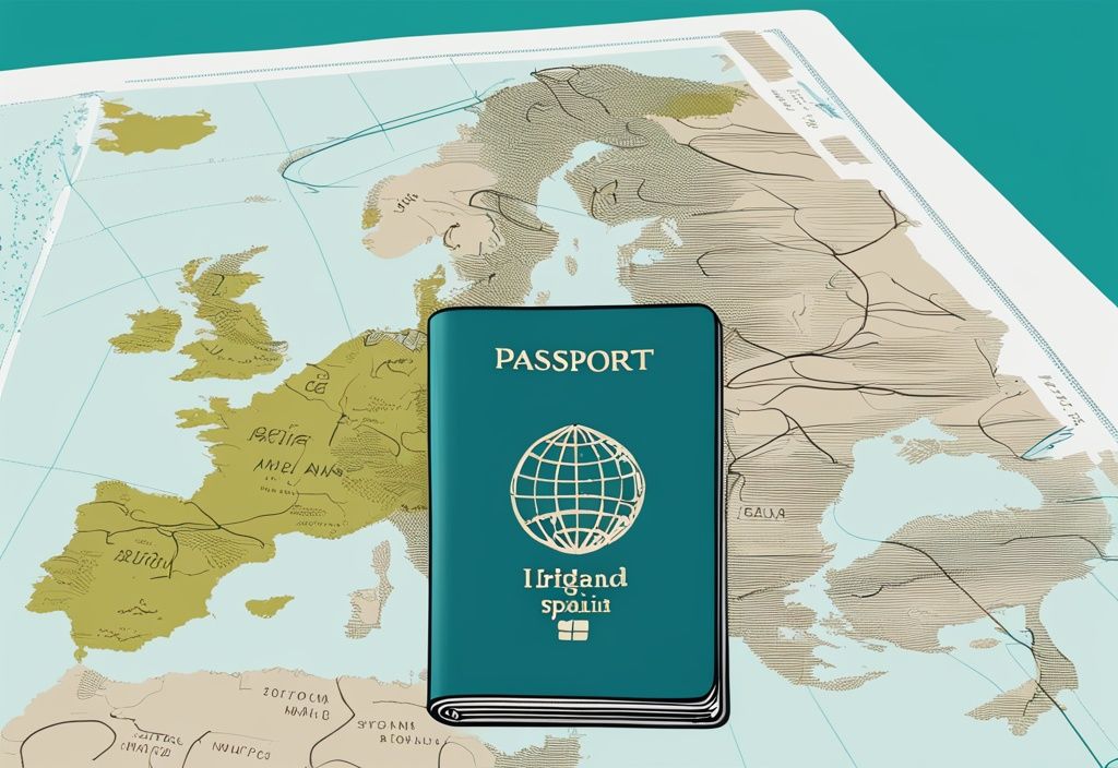 Ilustración digital moderna con tema en color teal: un pasaporte sobre un mapa de Europa con una ruta de vuelo de España a Irlanda. Hace falta pasaporte para ir a Irlanda desde España.