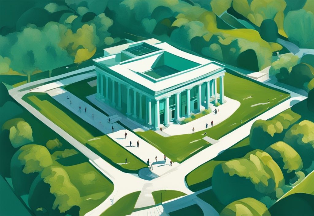 Vista aérea del Museo Irlandés de Arte Moderno con arquitectura histórica y modernas instalaciones artísticas en un entorno verde exuberante, ilustración digital moderna en tonos de color teal.