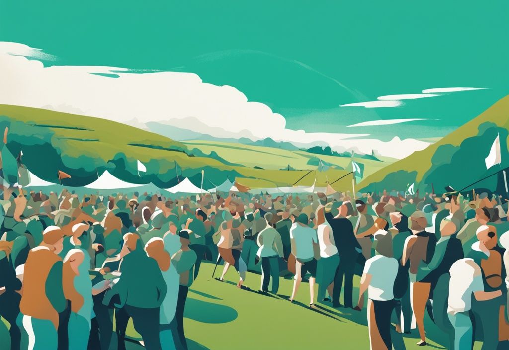 Ilustración digital moderna de una multitud disfrutando de fiestas de Irlanda, con colinas verdes y cielo azul de fondo, en tonos predominantes de color teal.