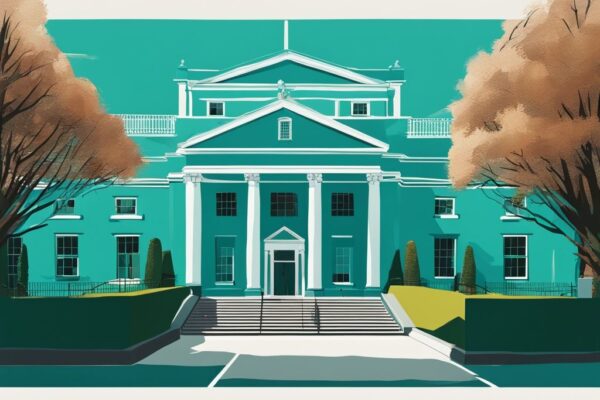 Ilustración digital moderna del museo irlandés de arte moderno, destacando su arquitectura histórica y jardines exuberantes bajo un cielo azul claro, con un tema de color principal en tonos de teal.