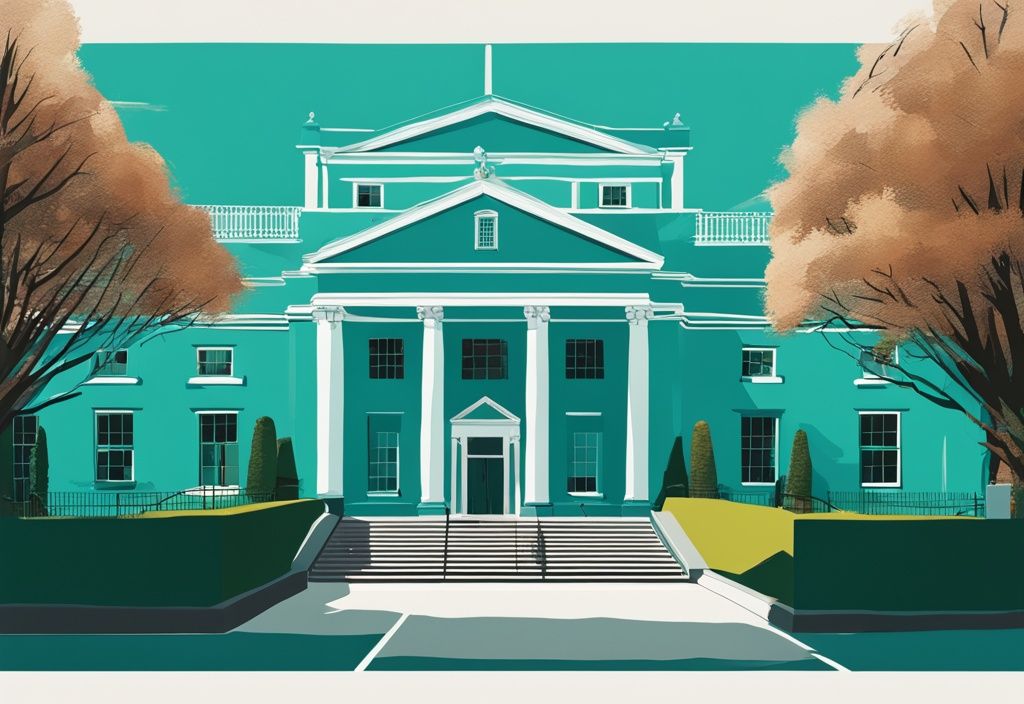 Ilustración digital moderna del museo irlandés de arte moderno, destacando su arquitectura histórica y jardines exuberantes bajo un cielo azul claro, con un tema de color principal en tonos de teal.