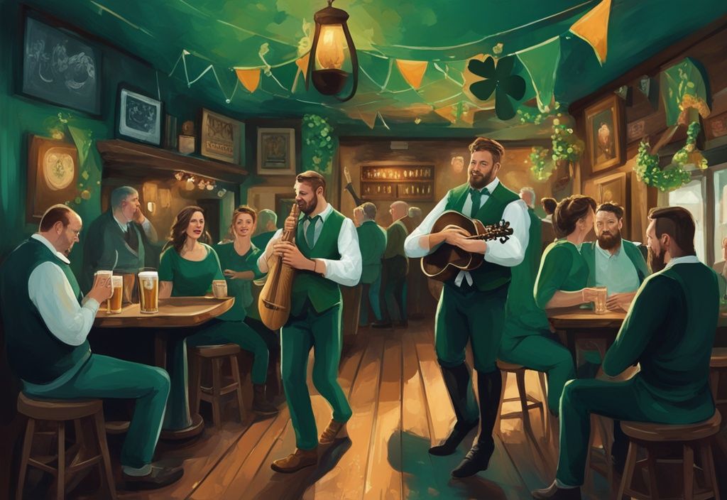 Ilustración digital moderna de personas disfrutando de música y danza tradicional irlandesa, con símbolos icónicos como el arpa, el trébol y una pinta de Guinness, ambientada en un pub irlandés rústico, con tema de color principal en verde azulado.