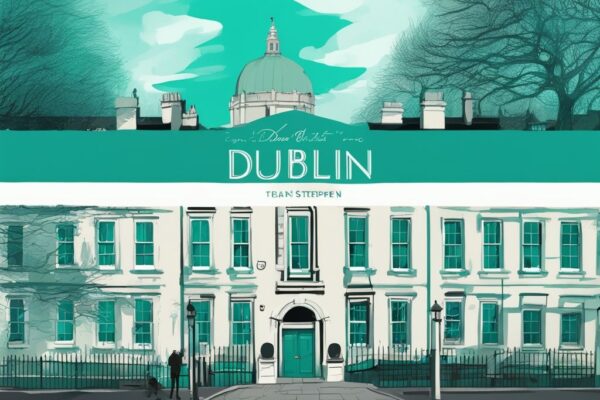 Ilustración digital moderna en tonos teal que muestra qué ver en Dublín en 3 días, destacando el Castillo de Dublín, el distrito de Temple Bar y el parque St. Stephen's Green.