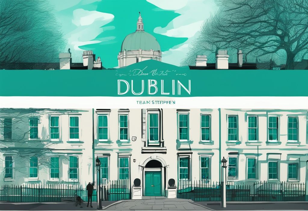 Ilustración digital moderna en tonos teal que muestra qué ver en Dublín en 3 días, destacando el Castillo de Dublín, el distrito de Temple Bar y el parque St. Stephen's Green.