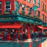 Ilustración digital moderna con tema de color teal, escena animada de The Temple Bar Dublín con su icónica fachada roja, personas disfrutando de bebidas al aire libre y música tradicional irlandesa de fondo.