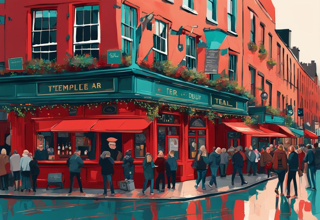 Ilustración digital moderna con tema de color teal, escena animada de The Temple Bar Dublín con su icónica fachada roja, personas disfrutando de bebidas al aire libre y música tradicional irlandesa de fondo.