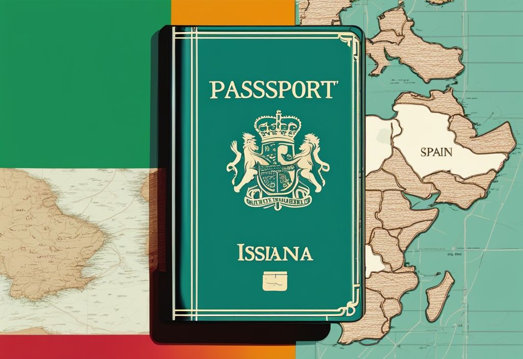 Ilustración digital moderna con tema principal en color teal, mostrando un pasaporte español, un sello de visa irlandesa y un mapa destacando España e Irlanda, ideal para visa para Irlanda desde España.