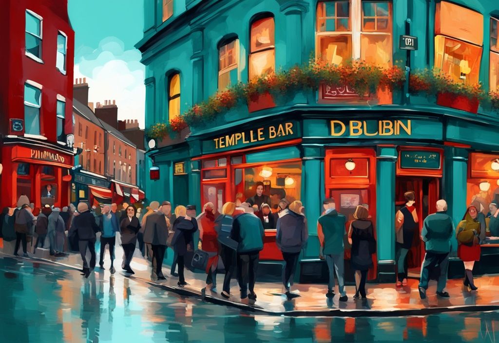 Ilustración digital moderna del Temple Bar de Dublín con temática en color teal, mostrando a clientes disfrutando al aire libre, el icónico exterior rojo del bar y las animadas calles de Dublín al fondo.