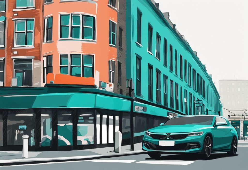 Ilustración digital moderna de un coche cómodo y moderno en color teal, estacionado frente a un famoso monumento de Dublín, con un vibrante cartel de "Alquílame".