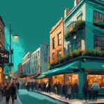 Ilustración digital moderna de una calle concurrida con restaurantes diversos cerca de Temple Bar, destacando un tema de color principal en tonos teal.