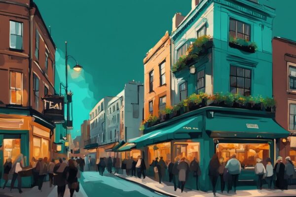 Ilustración digital moderna de una calle concurrida con restaurantes diversos cerca de Temple Bar, destacando un tema de color principal en tonos teal.