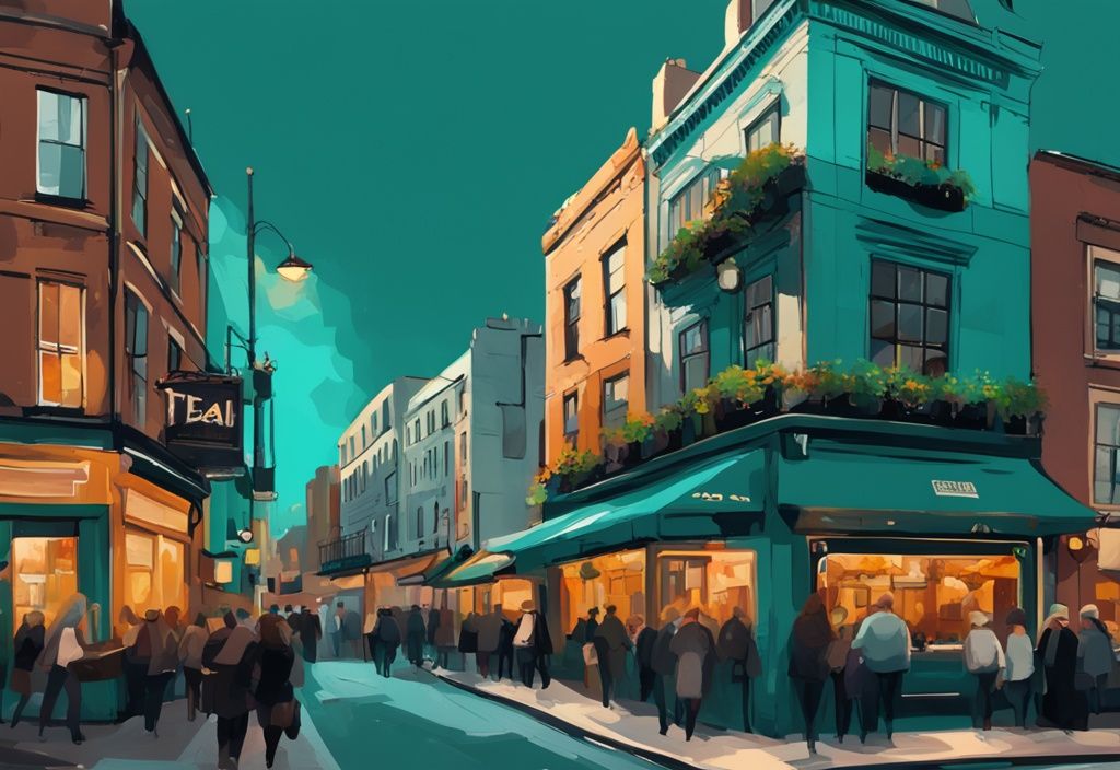 Ilustración digital moderna de una calle concurrida con restaurantes diversos cerca de Temple Bar, destacando un tema de color principal en tonos teal.