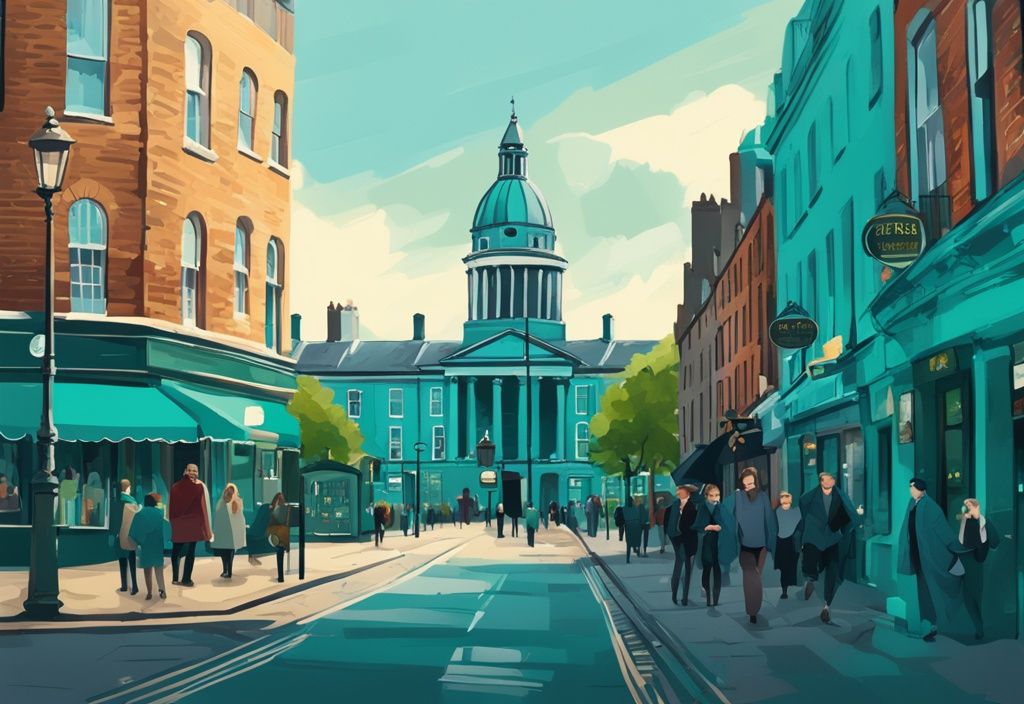 Ilustración digital moderna con tema en color teal que muestra los emblemáticos lugares de interés de Dublín, como el histórico Castillo de Dublín, el animado distrito de Temple Bar y el tranquilo parque St. Stephen's Green, ideal para planificar qué ver en Dublín en 3 días.