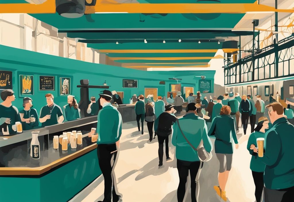 Ilustración digital moderna de la fábrica Guinness en Dublín con turistas explorando y disfrutando de una pinta de cerveza, tema en color teal.