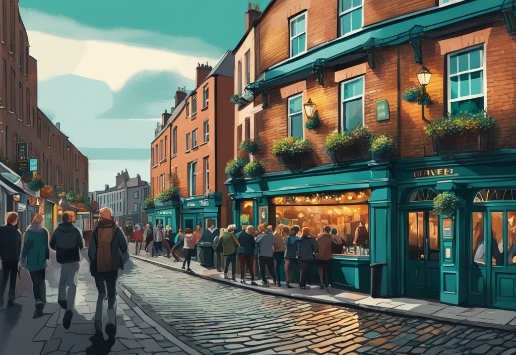 Ilustración digital moderna de una escena de pub animada en Dublín con tema de color teal, mostrando personas disfrutando de música en vivo, vista panorámica del icónico Puente Ha'penny y una pareja paseando por las calles empedradas del distrito de Temple Bar.