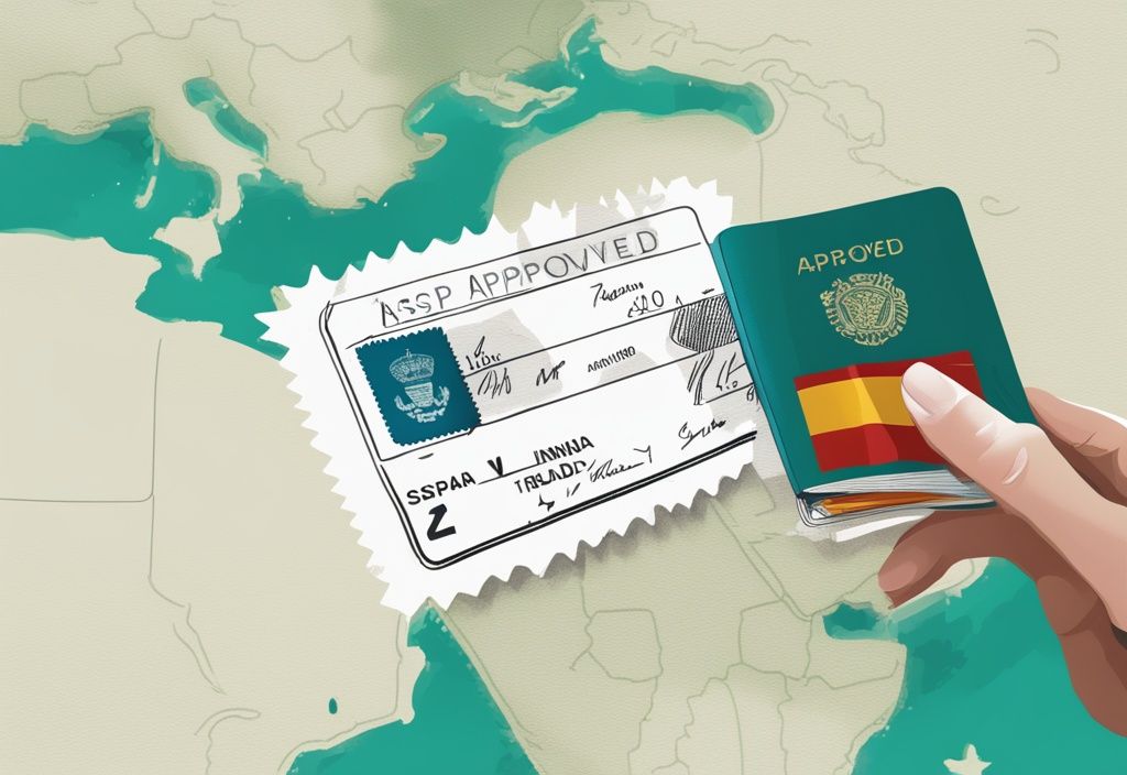 Ilustración digital moderna con tema en color teal, mostrando un pasaporte español con un sello de visa aprobada para Irlanda, sobre un mapa que resalta España e Irlanda.