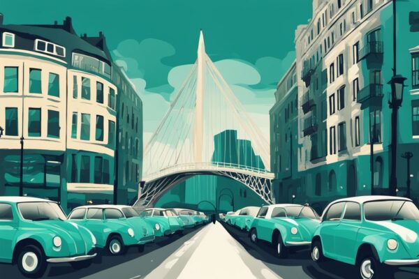 Ilustración digital moderna de alquiler de coches en Dublín con coches de alquiler alineados frente a un famoso monumento de Dublín, como el Puente Ha'penny o el Spire, en un tema de color teal.