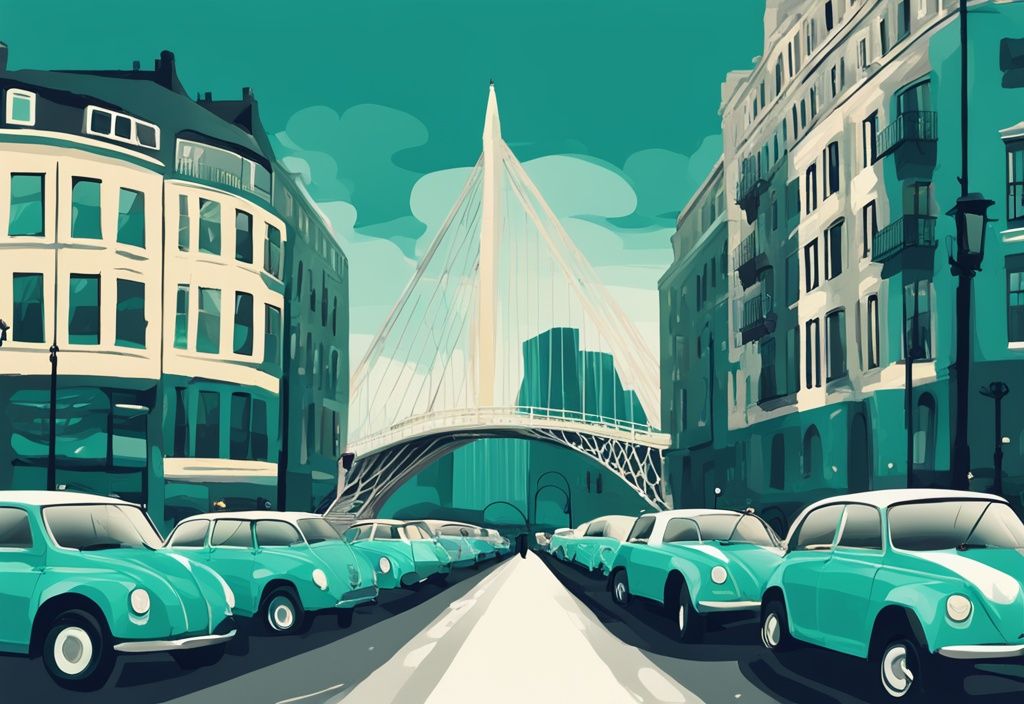 Ilustración digital moderna de alquiler de coches en Dublín con coches de alquiler alineados frente a un famoso monumento de Dublín, como el Puente Ha'penny o el Spire, en un tema de color teal.