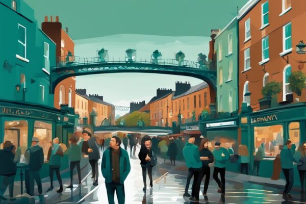 Ilustración digital moderna de una escena callejera en Dublín, con tema de color teal, mostrando personas disfrutando de un fin de semana en un pub local, el emblemático Puente Ha'penny al fondo y un músico callejero tocando música tradicional irlandesa.