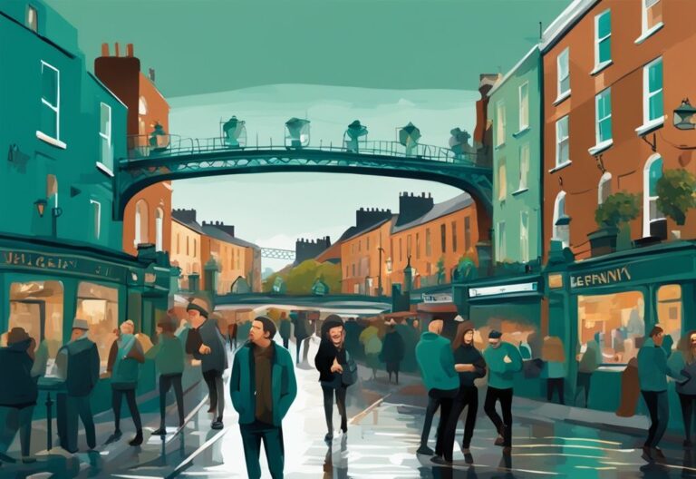 Ilustración digital moderna de una escena callejera en Dublín, con tema de color teal, mostrando personas disfrutando de un fin de semana en un pub local, el emblemático Puente Ha'penny al fondo y un músico callejero tocando música tradicional irlandesa.