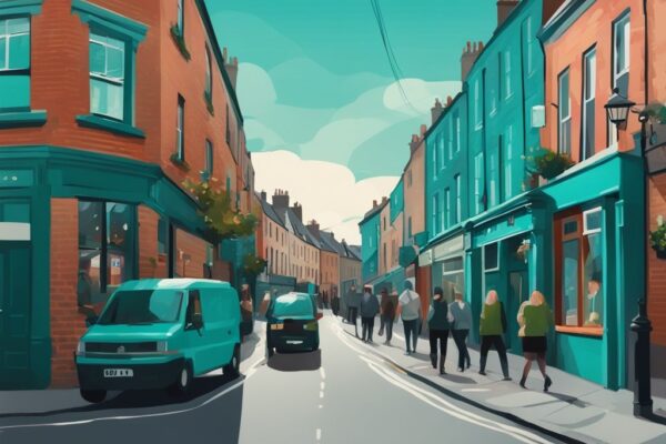 Ilustración digital moderna de un vibrante barrio de Dublín con casas encantadoras, pubs locales concurridos y personas en su día a día, destacando el color teal.