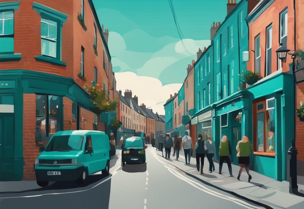 Ilustración digital moderna de un vibrante barrio de Dublín con casas encantadoras, pubs locales concurridos y personas en su día a día, destacando el color teal.