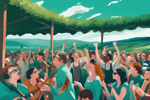 Ilustración digital moderna de una multitud disfrutando de las fiestas de Irlanda, con colinas verdes y un cielo azul claro de fondo, en tonos de color verde azulado.