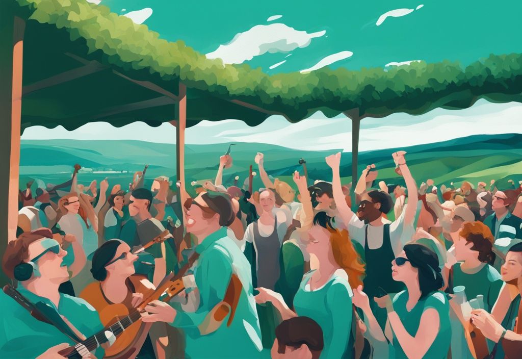 Ilustración digital moderna de una multitud disfrutando de las fiestas de Irlanda, con colinas verdes y un cielo azul claro de fondo, en tonos de color verde azulado.