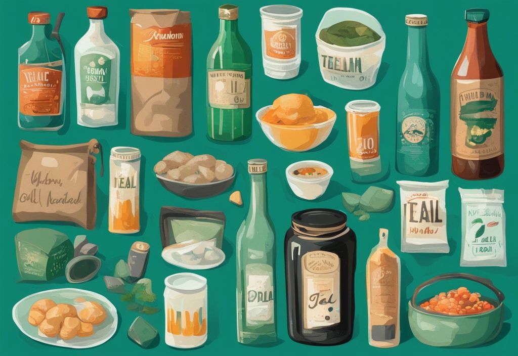 Ilustración digital moderna con temática en color teal que muestra alimentos, bebidas y souvenirs típicos de Irlanda con etiquetas de precios sorprendentemente bajos.