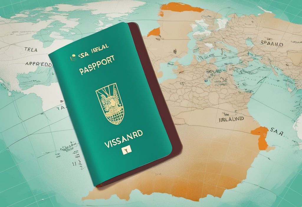 Ilustración digital moderna con tema principal en color teal, mostrando un pasaporte español con un visado aprobado para Irlanda, sobre un mapa que destaca España e Irlanda.