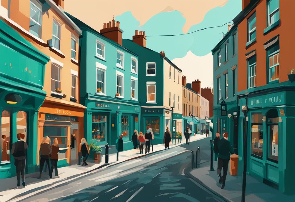 Ilustración digital moderna de un barrio vibrante de Dublín con casas tradicionales irlandesas, pubs locales animados y personas disfrutando de un día soleado, con un tema de color principal en tonos de verde azulado.