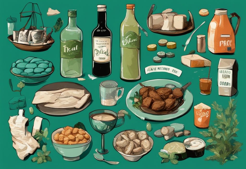 Ilustración digital moderna con tema de color verde azulado, mostrando alimentos, bebidas y souvenirs típicos de Irlanda con etiquetas de precios bajos.