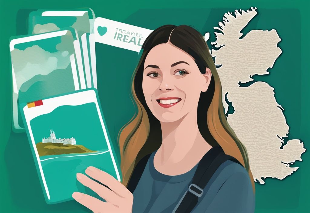 Ilustración digital moderna con tema en color teal, mostrando a una persona sosteniendo un NIE español y una guía de viaje a Irlanda, resaltando la pregunta: puedo viajar a Irlanda con NIE español.