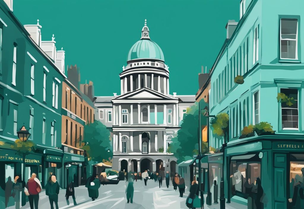 Ilustración digital moderna de Dublín en tonos teal, destacando el Castillo de Dublín, el distrito de Temple Bar y el parque St. Stephen's Green, capturando la esencia de un tour de 3 días.