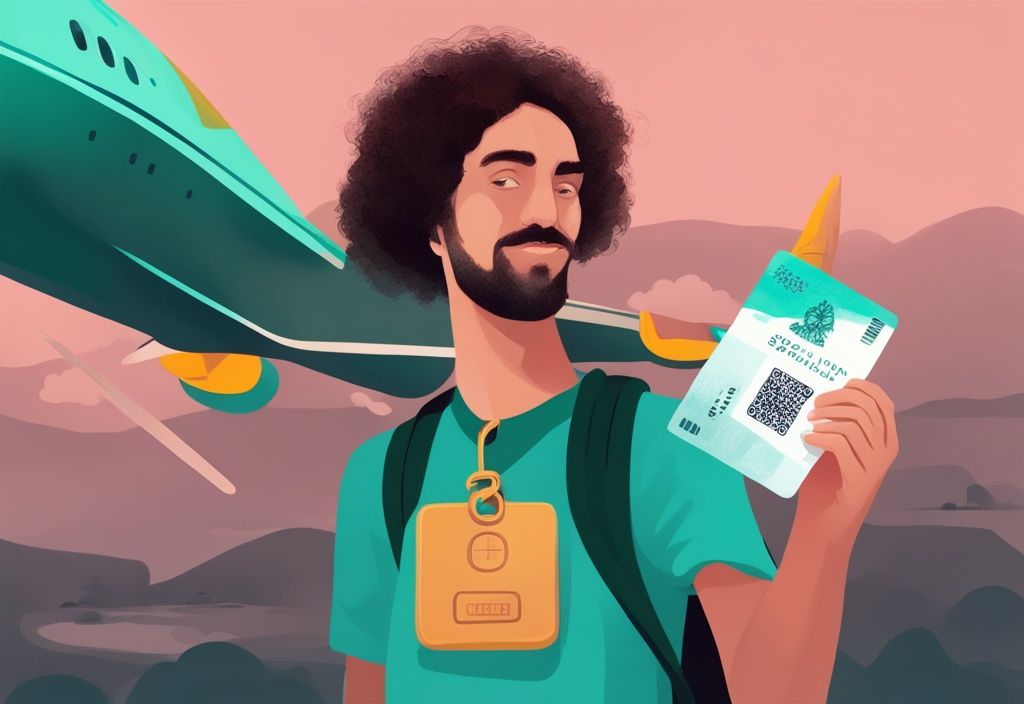 Ilustración digital moderna con tema de color teal: residente español sosteniendo un NIE español en una mano y un billete de avión a Irlanda en la otra.