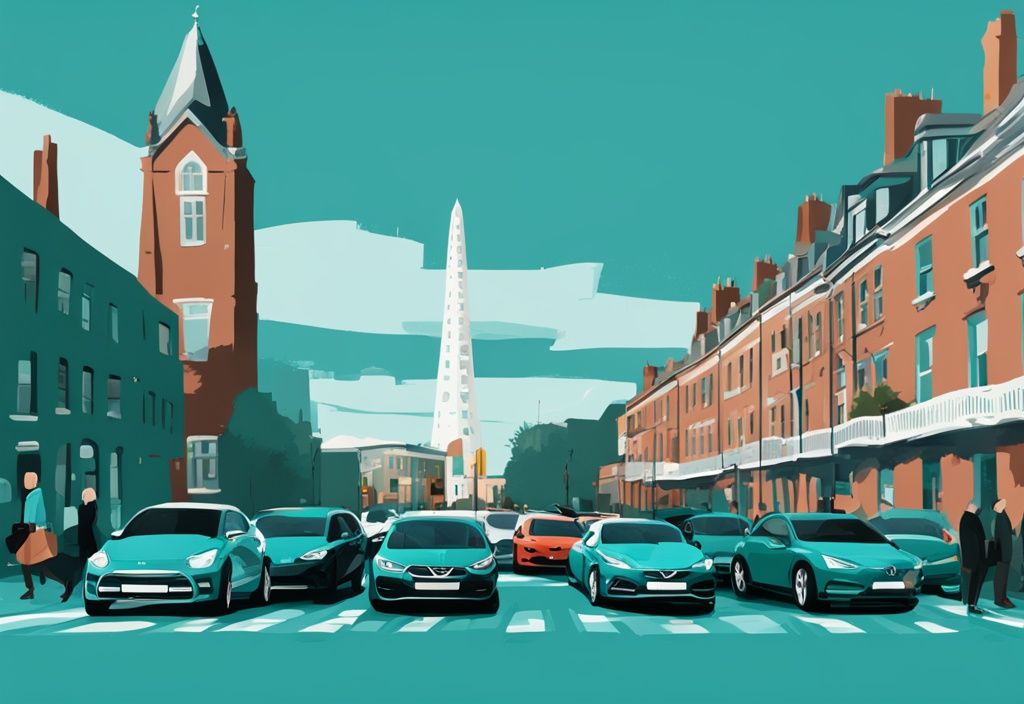 Ilustración digital moderna con tema en color teal que muestra una variedad de coches de alquiler alineados frente a un famoso monumento de Dublín, como el Puente Ha'penny o el Spire, destacando el alquiler de coches en Dublín.